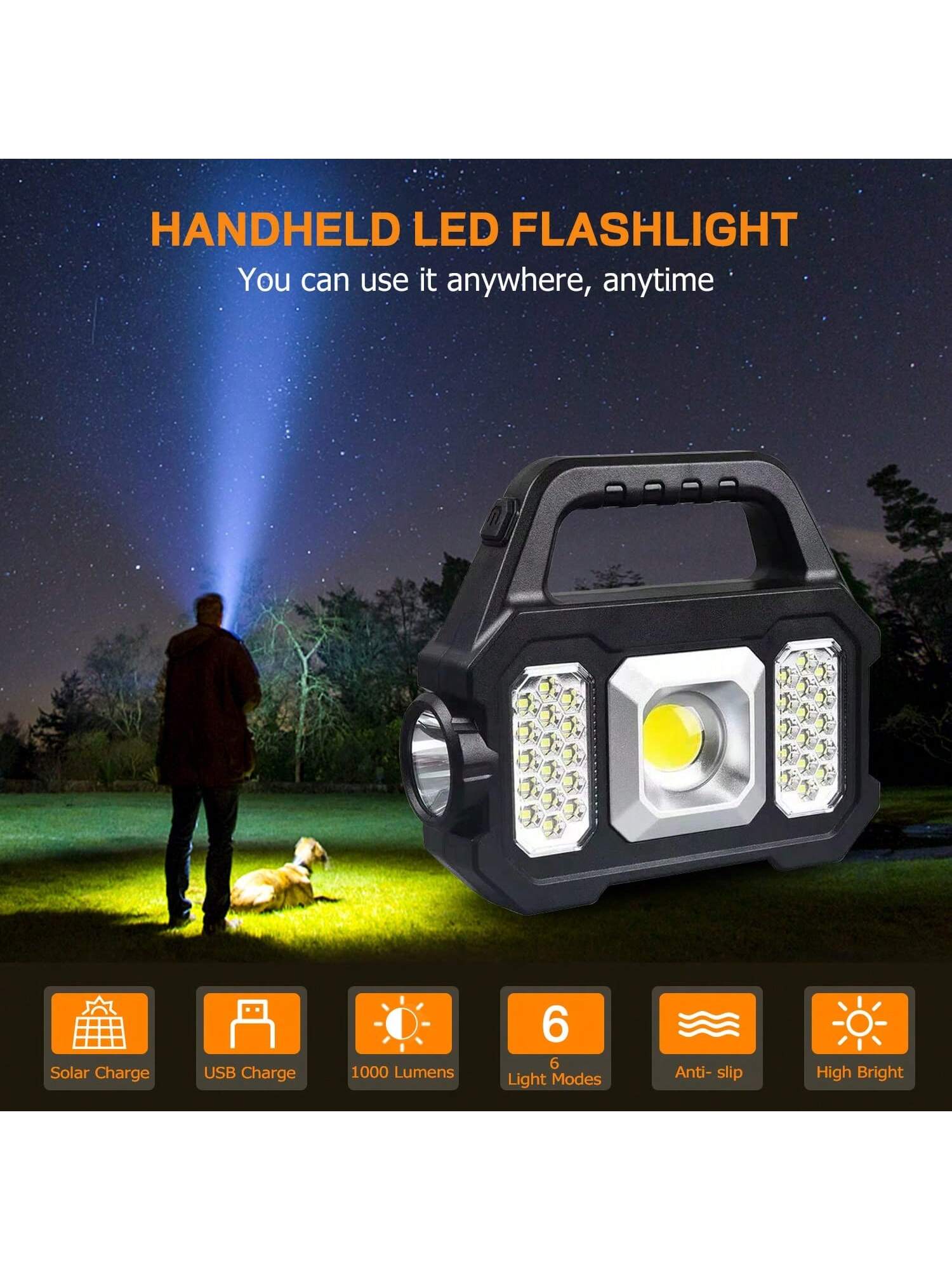 Solar Handheld Flashlight With USB Cable, 6 Modes Rechargeable Multifunction Lights Super Bright LED Searchlight, Lightweight Waterproof Portable Spotlight For Fishing Outdoor Camping Emergencies