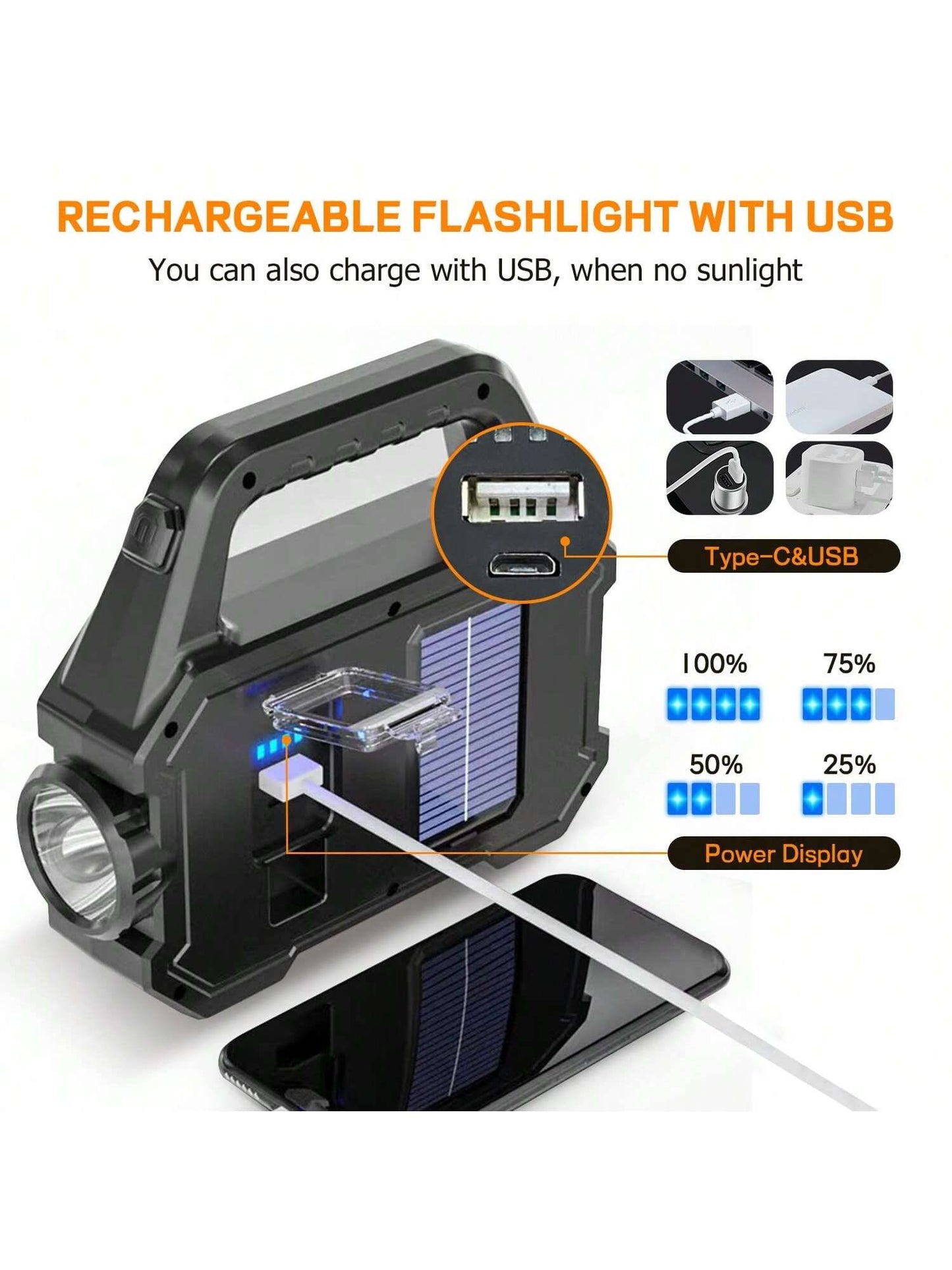 Solar Handheld Flashlight With USB Cable, 6 Modes Rechargeable Multifunction Lights Super Bright LED Searchlight, Lightweight Waterproof Portable Spotlight For Fishing Outdoor Camping Emergencies