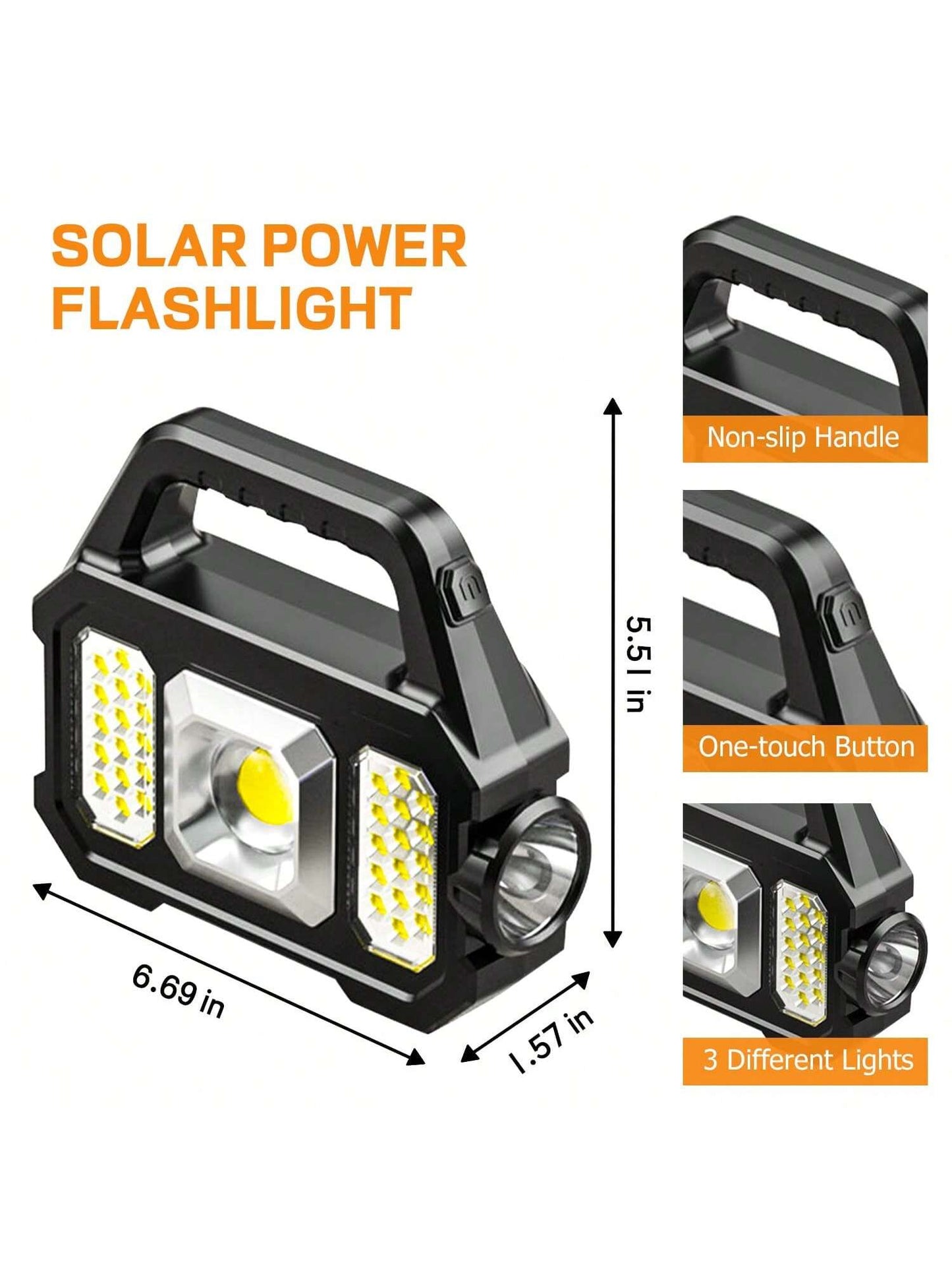Solar Handheld Flashlight With USB Cable, 6 Modes Rechargeable Multifunction Lights Super Bright LED Searchlight, Lightweight Waterproof Portable Spotlight For Fishing Outdoor Camping Emergencies