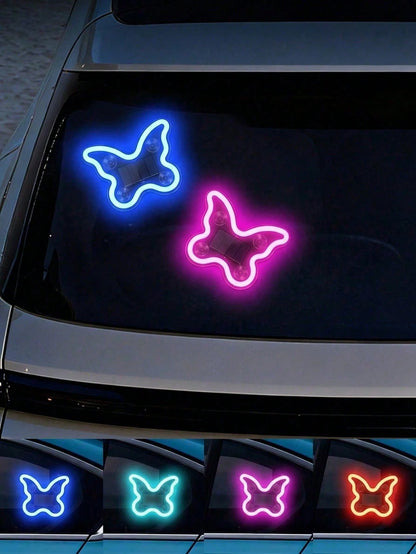 Solar Powered Butterfly LED Neon Car Light, Automatic Sensing Rear Window Ambient Light, No Wiring Car Interior Decoration, Romantic Heart Shaped Glowing Light, Cute Women Girls Car Accessories, Aesth