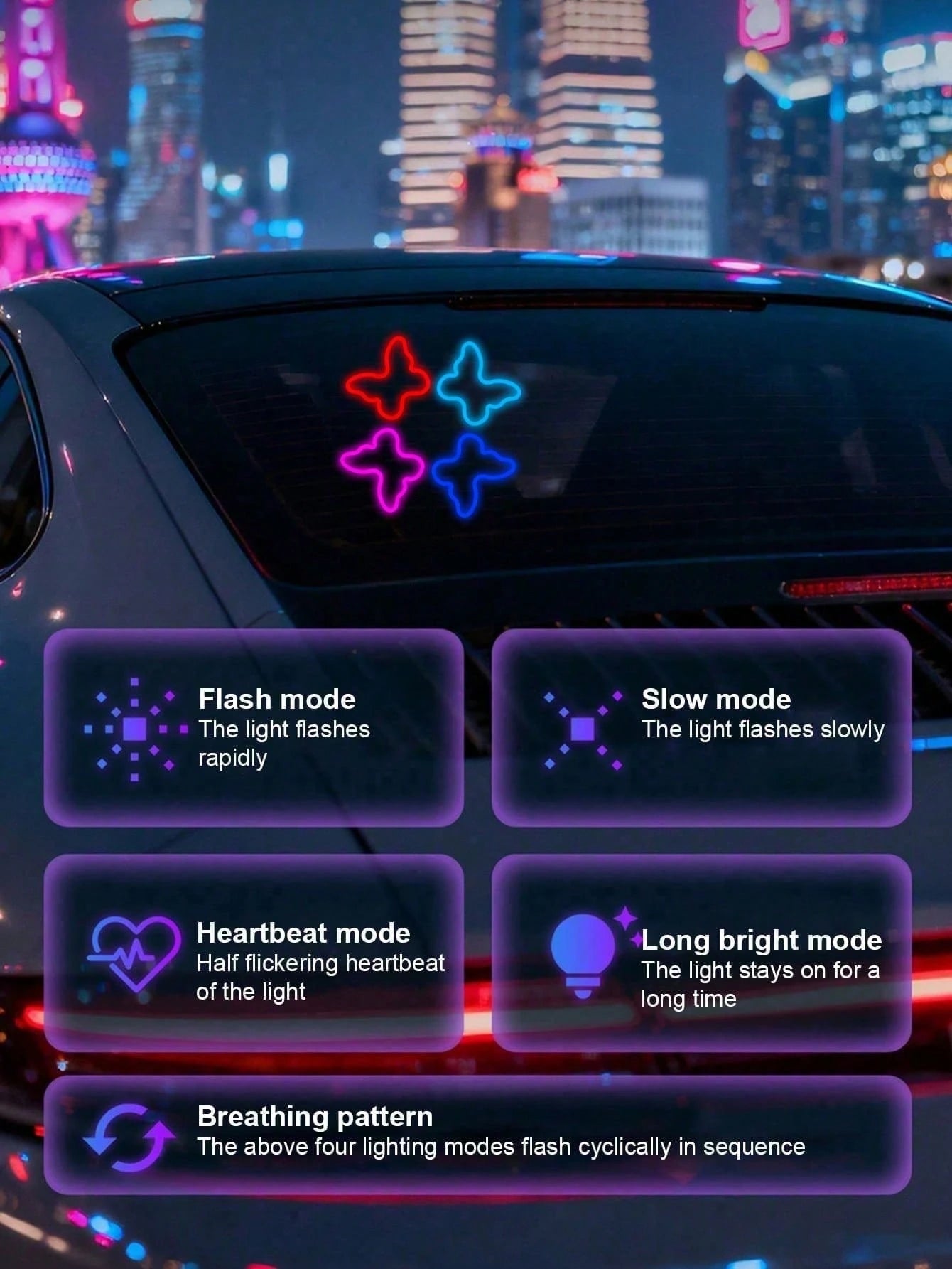 Solar Powered Butterfly LED Neon Car Light, Automatic Sensing Rear Window Ambient Light, No Wiring Car Interior Decoration, Romantic Heart Shaped Glowing Light, Cute Women Girls Car Accessories, Aesth