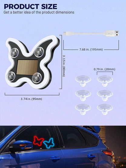 Solar Powered Butterfly LED Neon Car Light, Automatic Sensing Rear Window Ambient Light, No Wiring Car Interior Decoration, Romantic Heart Shaped Glowing Light, Cute Women Girls Car Accessories, Aesth