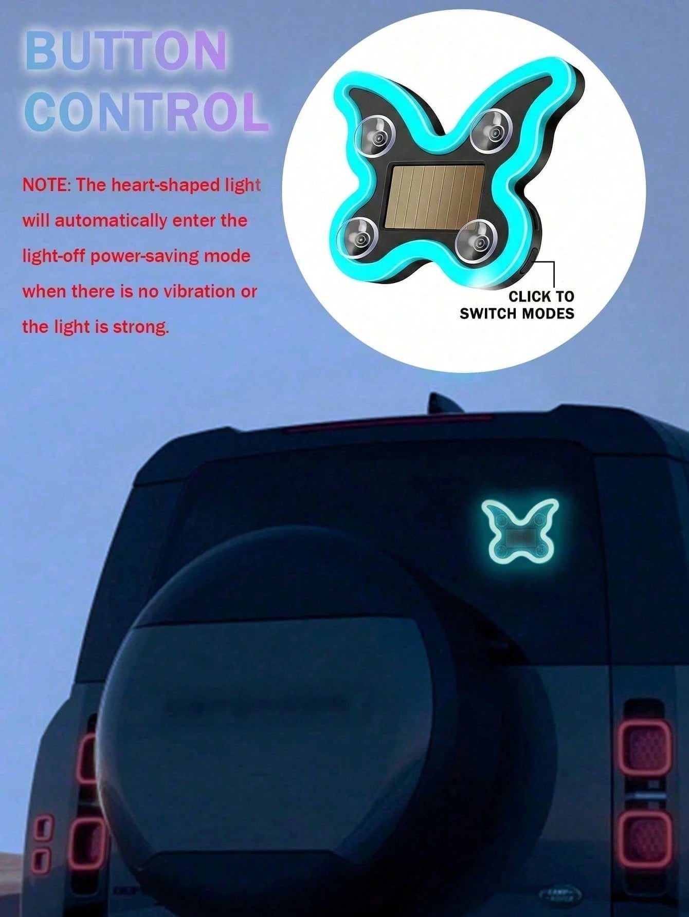 Solar Powered Butterfly LED Neon Car Light, Automatic Sensing Rear Window Ambient Light, No Wiring Car Interior Decoration, Romantic Heart Shaped Glowing Light, Cute Women Girls Car Accessories, Aesth