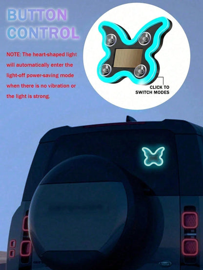 Solar Powered Butterfly LED Neon Car Light, Automatic Sensing Rear Window Ambient Light, No Wiring Car Interior Decoration, Romantic Heart Shaped Glowing Light, Cute Women Girls Car Accessories, Aesth