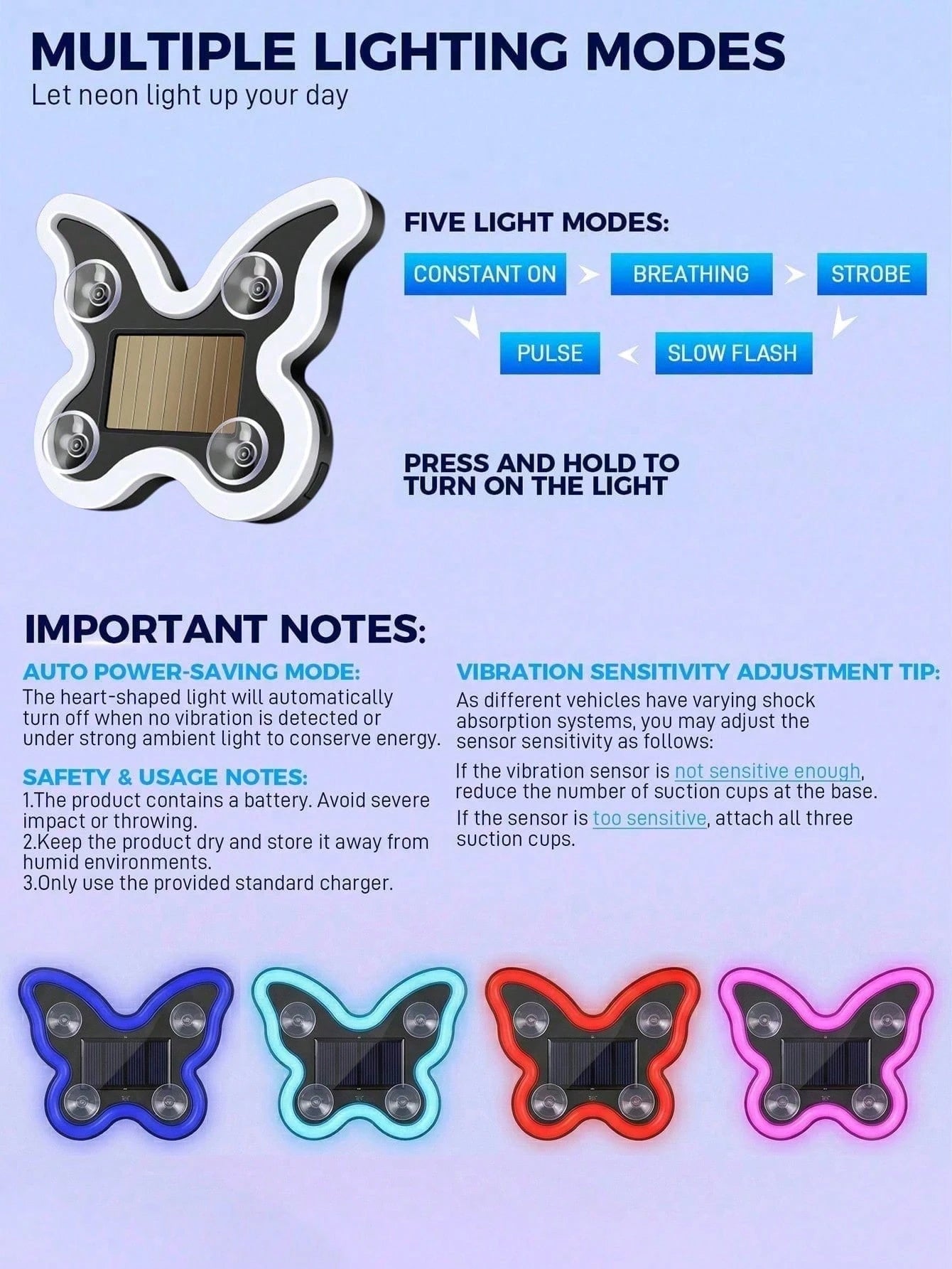 Solar Powered Butterfly LED Neon Car Light, Automatic Sensing Rear Window Ambient Light, No Wiring Car Interior Decoration, Romantic Heart Shaped Glowing Light, Cute Women Girls Car Accessories, Aesth