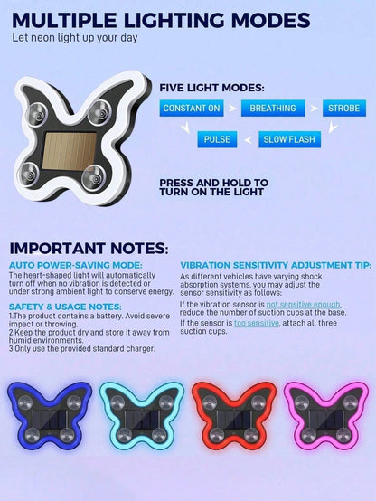 Solar Powered Butterfly LED Neon Car Light, Automatic Sensing Rear Window Ambient Light, No Wiring Car Interior Decoration, Romantic Heart Shaped Glowing Light, Cute Women Girls Car Accessories, Aesth
