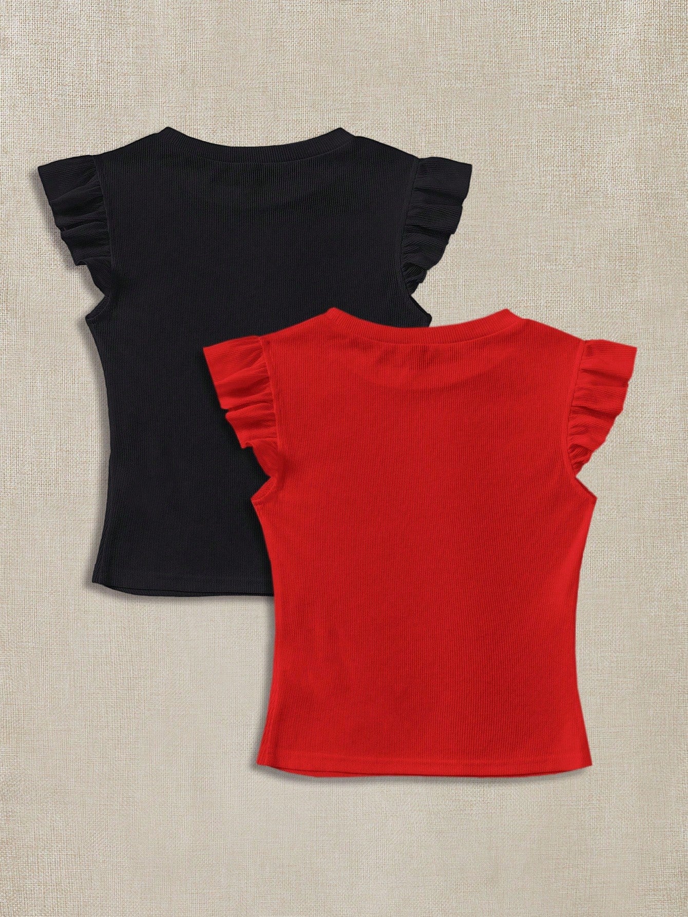 Soleia 2pcs/Set Black & Red Rib Knit Boat Neck Tight Fitted T-Shirts For Summer Suitable For Going Out