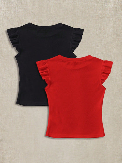 Soleia 2pcs/Set Black & Red Rib Knit Boat Neck Tight Fitted T-Shirts For Summer Suitable For Going Out