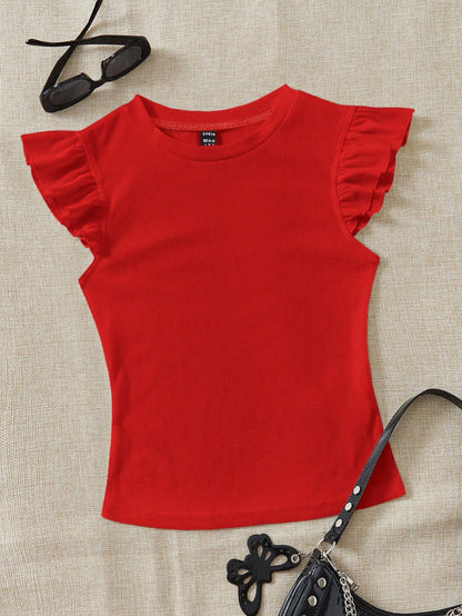 Soleia 2pcs/Set Black & Red Rib Knit Boat Neck Tight Fitted T-Shirts For Summer Suitable For Going Out