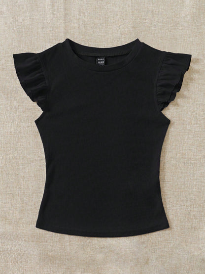 Soleia 2pcs/Set Black & Red Rib Knit Boat Neck Tight Fitted T-Shirts For Summer Suitable For Going Out