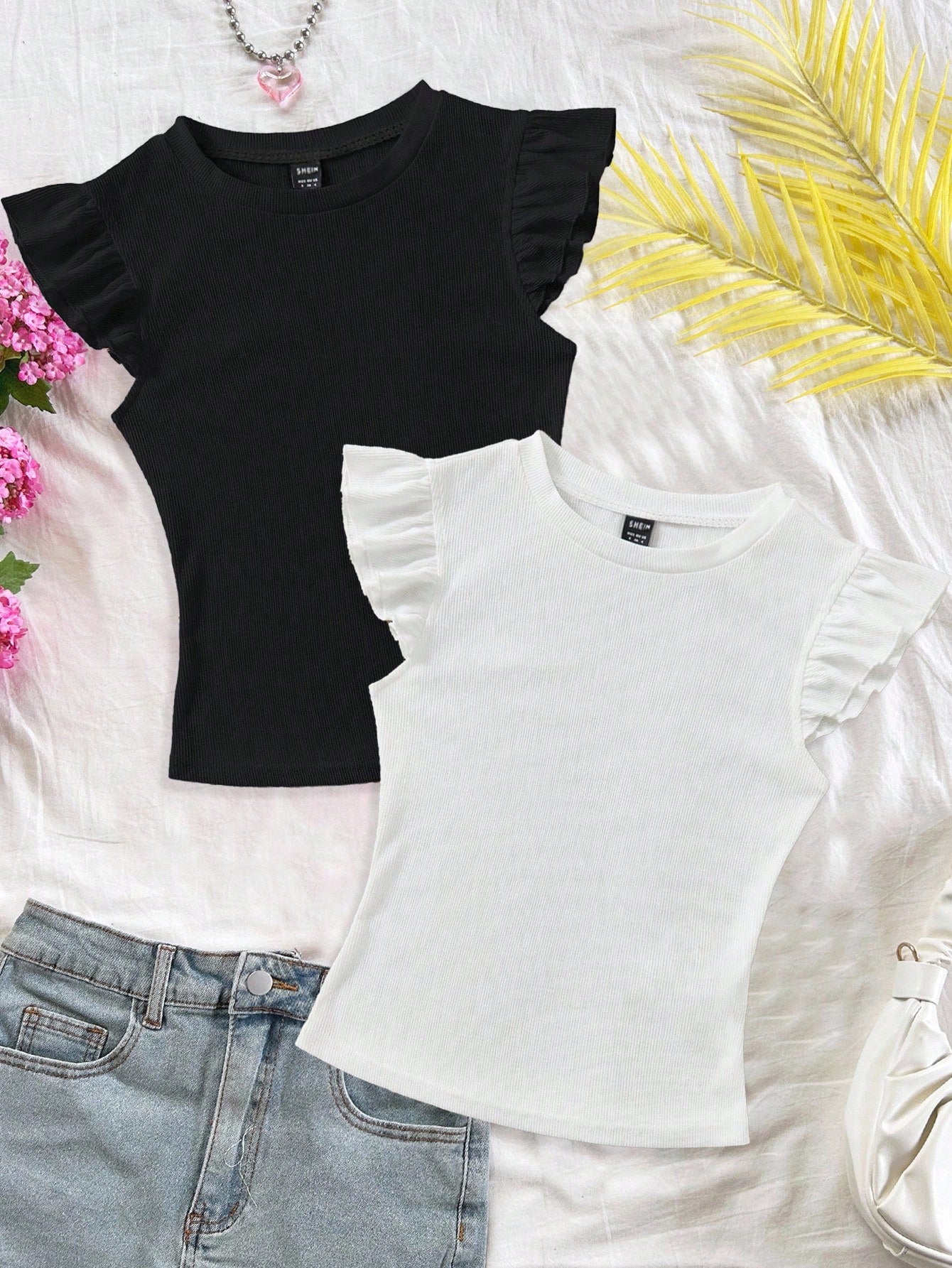 Soleia 2pcs/Set Rib Knit Crew Neck Short Cap Sleeve Form-Fitting T-Shirt Set, Cute Summer Suitable For Going Out School Black White Cute