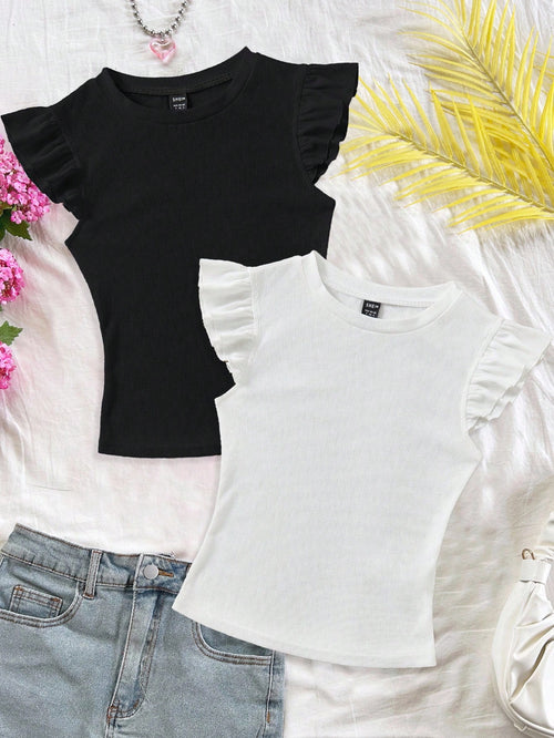 Soleia 2pcs/Set Rib Knit Crew Neck Short Cap Sleeve Form-Fitting T-Shirt Set, Cute Summer Suitable For Going Out School Black White Cute