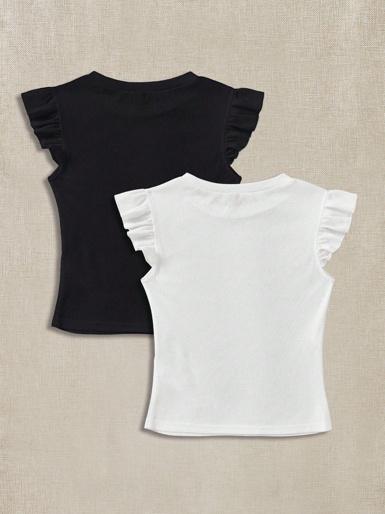 Soleia 2pcs/Set Rib Knit Crew Neck Short Cap Sleeve Form-Fitting T-Shirt Set, Cute Summer Suitable For Going Out School Black White Cute