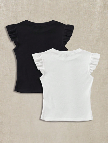 Soleia 2pcs/Set Rib Knit Crew Neck Short Cap Sleeve Form-Fitting T-Shirt Set, Cute Summer Suitable For Going Out School Black White Cute