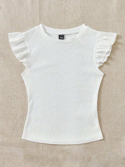 Soleia 2pcs/Set Rib Knit Crew Neck Short Cap Sleeve Form-Fitting T-Shirt Set, Cute Summer Suitable For Going Out School Black White Cute