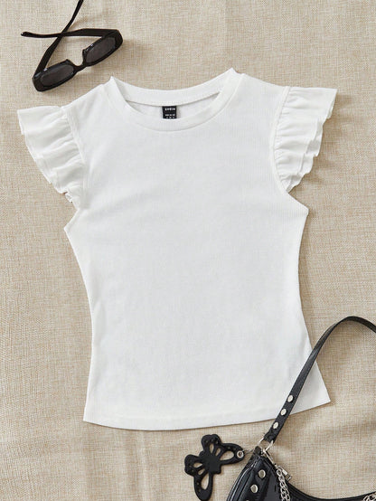 Soleia 2pcs/Set Rib Knit Crew Neck Short Cap Sleeve Form-Fitting T-Shirt Set, Cute Summer Suitable For Going Out School Black White Cute