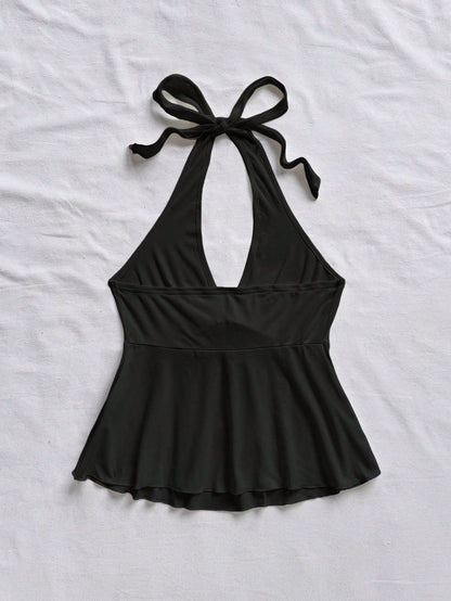 Soleia Black V-Neck Bowknot Backless Babydoll Top For Women, Casual Vacation Attire Suitable For Summer Suitable For Going Out