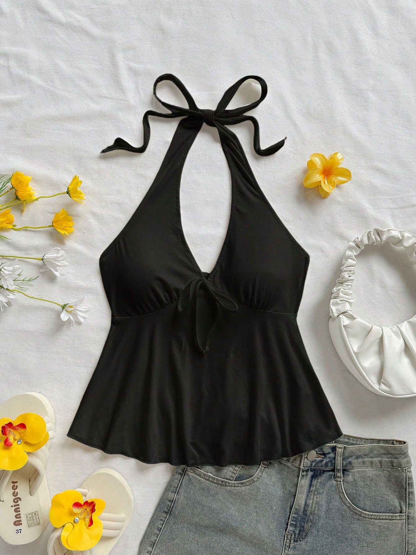 Soleia Black V-Neck Bowknot Backless Babydoll Top For Women, Casual Vacation Attire Suitable For Summer Suitable For Going Out