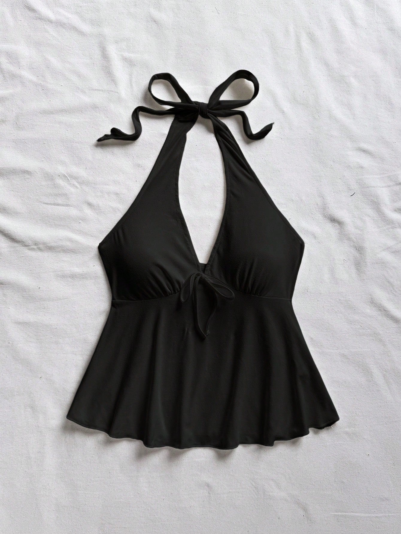 Soleia Black V-Neck Bowknot Backless Babydoll Top For Women, Casual Vacation Attire Suitable For Summer Suitable For Going Out