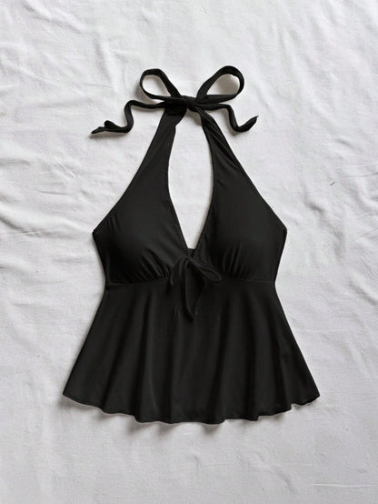 Soleia Black V-Neck Bowknot Backless Babydoll Top For Women, Casual Vacation Attire Suitable For Summer Suitable For Going Out