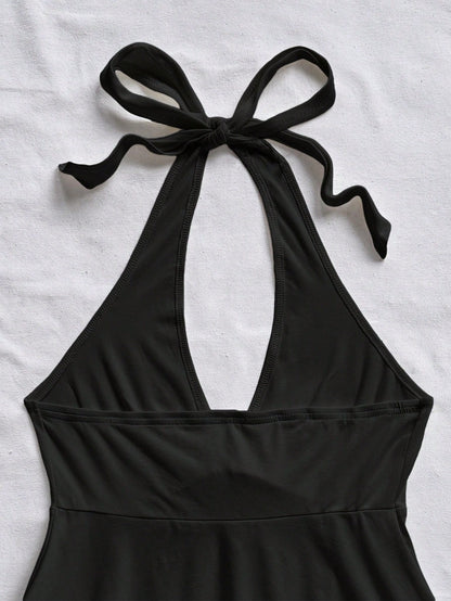 Soleia Black V-Neck Bowknot Backless Babydoll Top For Women, Casual Vacation Attire Suitable For Summer Suitable For Going Out