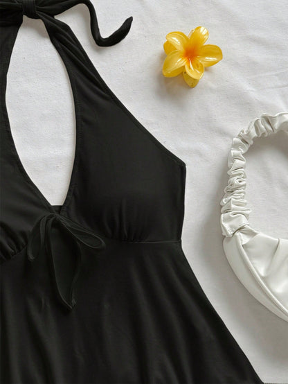 Soleia Black V-Neck Bowknot Backless Babydoll Top For Women, Casual Vacation Attire Suitable For Summer Suitable For Going Out