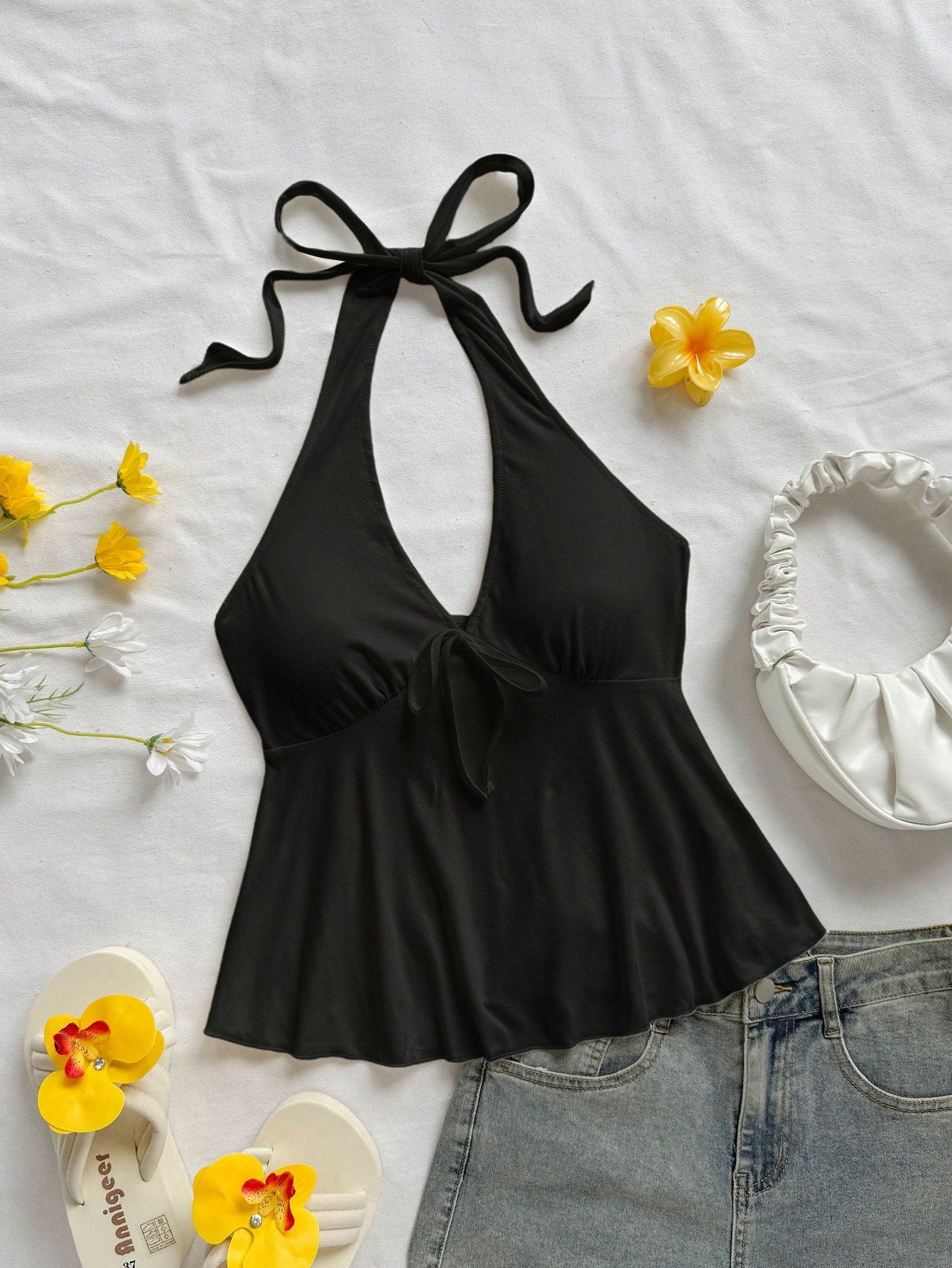 Soleia Black V-Neck Bowknot Backless Babydoll Top For Women, Casual Vacation Attire Suitable For Summer Suitable For Going Out