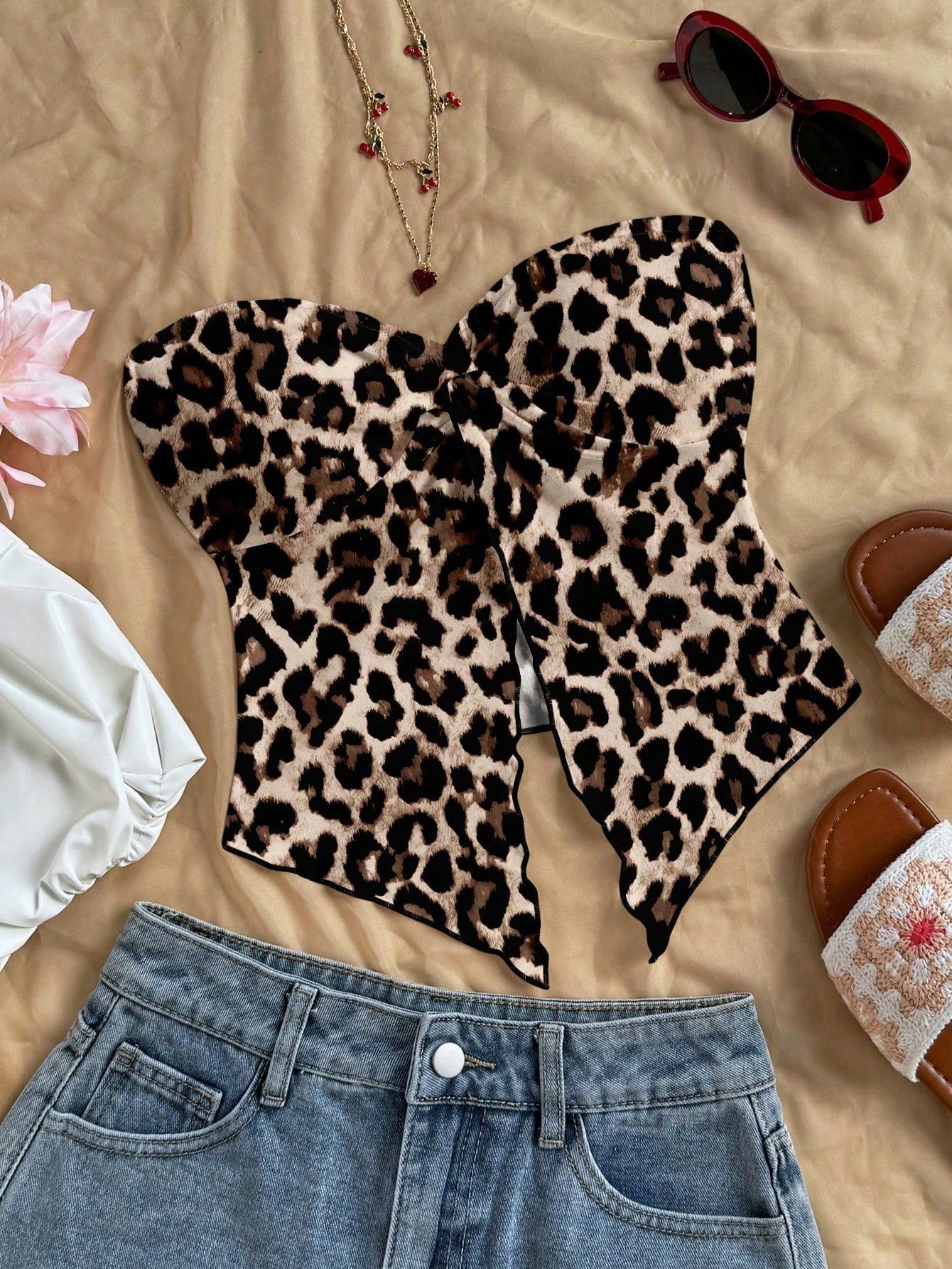 Soleia Casual Minimalist Sexy Brown Leopard Print Pattern Women Top, Suitable For Spring/Summer, Vacation, Beach