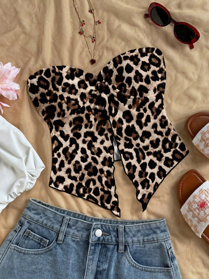 Soleia Casual Minimalist Sexy Brown Leopard Print Pattern Women Top, Suitable For Spring/Summer, Vacation, Beach
