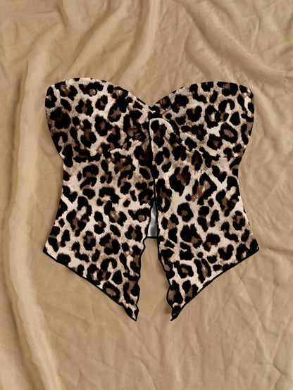 Soleia Casual Minimalist Sexy Brown Leopard Print Pattern Women Top, Suitable For Spring/Summer, Vacation, Beach