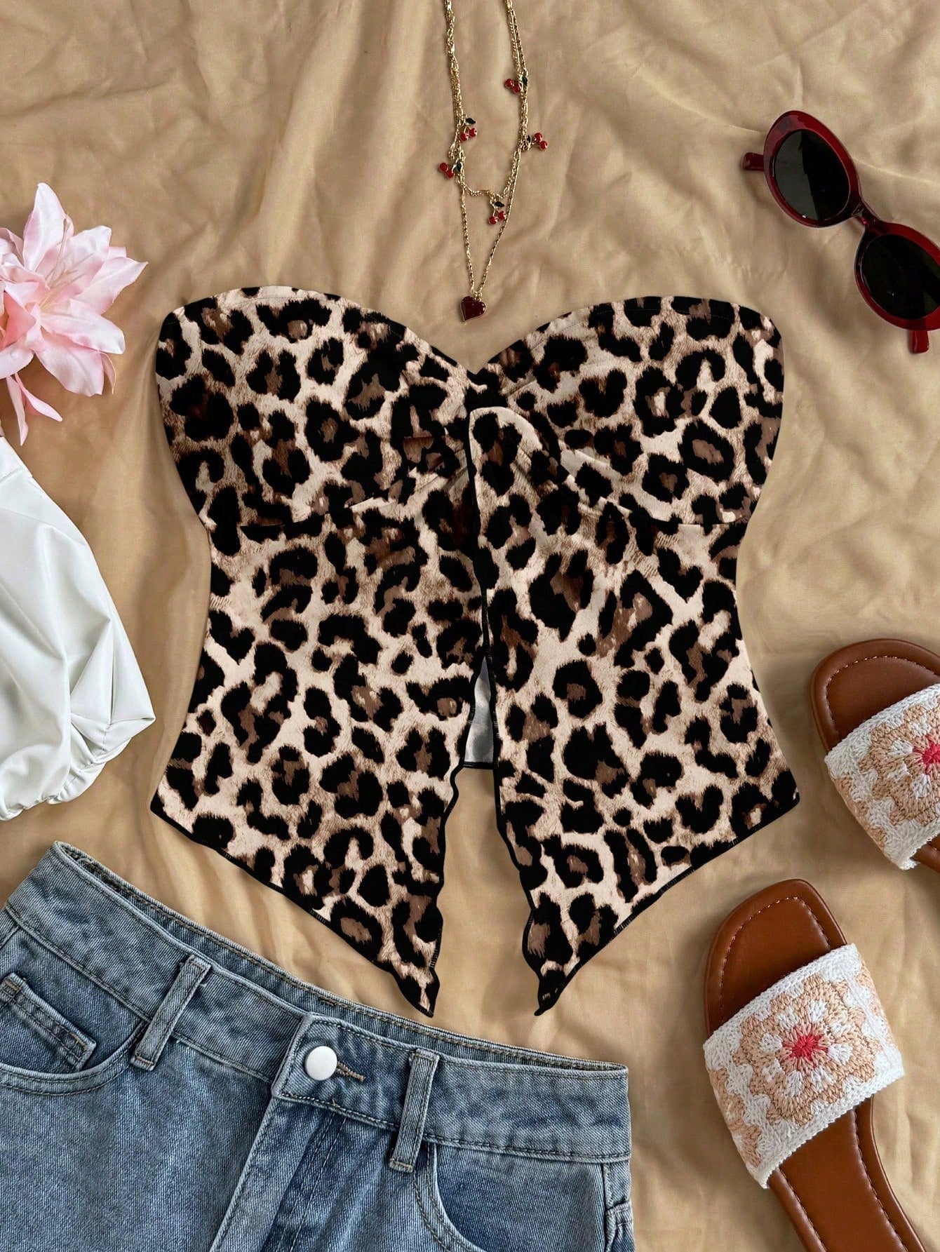 Soleia Casual Minimalist Sexy Brown Leopard Print Pattern Women Top, Suitable For Spring/Summer, Vacation, Beach