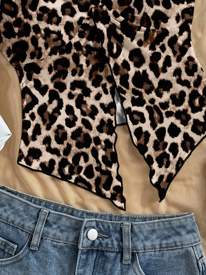 Soleia Casual Minimalist Sexy Brown Leopard Print Pattern Women Top, Suitable For Spring/Summer, Vacation, Beach