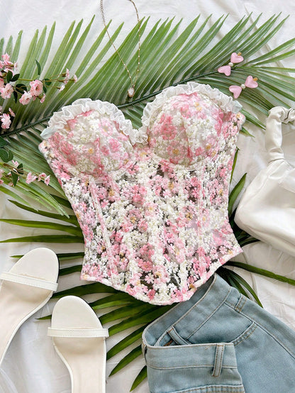 Soleia Cute White And Pink Daisy Embroidered Camisole Top,Summer Holiday Vacation, Textured Print Boho Hippie Western Top For Beach,Party,No Chest Padding