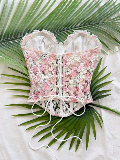 Soleia Cute White And Pink Daisy Embroidered Camisole Top,Summer Holiday Vacation, Textured Print Boho Hippie Western Top For Beach,Party,No Chest Padding
