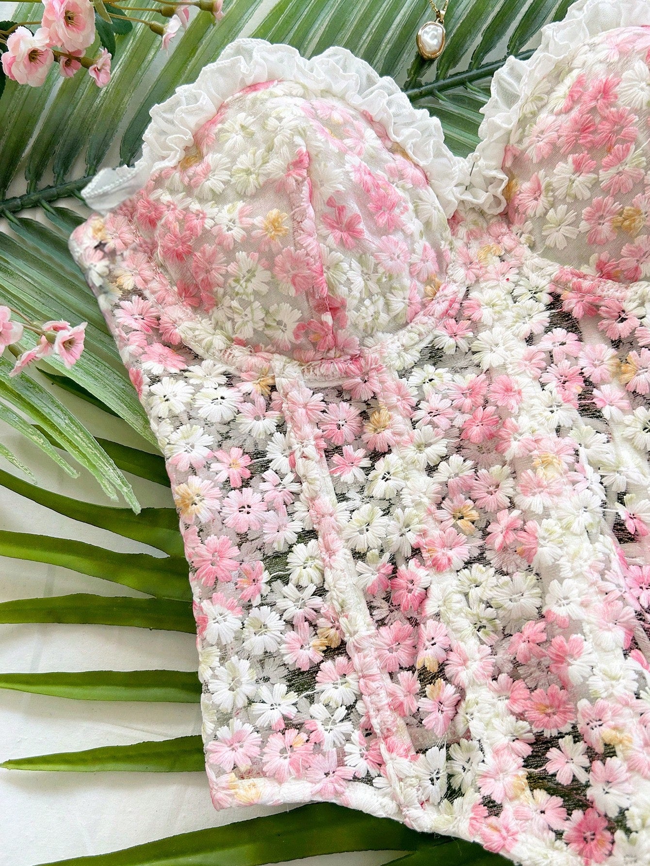 Soleia Cute White And Pink Daisy Embroidered Camisole Top,Summer Holiday Vacation, Textured Print Boho Hippie Western Top For Beach,Party,No Chest Padding