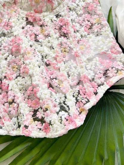 Soleia Cute White And Pink Daisy Embroidered Camisole Top,Summer Holiday Vacation, Textured Print Boho Hippie Western Top For Beach,Party,No Chest Padding