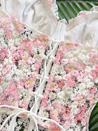 Soleia Cute White And Pink Daisy Embroidered Camisole Top,Summer Holiday Vacation, Textured Print Boho Hippie Western Top For Beach,Party,No Chest Padding