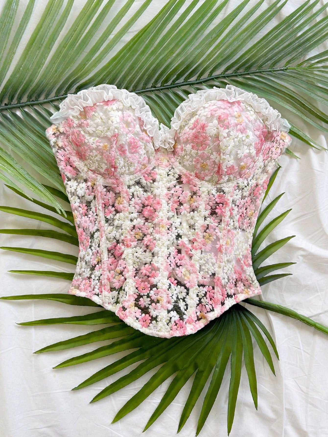 Soleia Cute White And Pink Daisy Embroidered Camisole Top,Summer Holiday Vacation, Textured Print Boho Hippie Western Top For Beach,Party,No Chest Padding