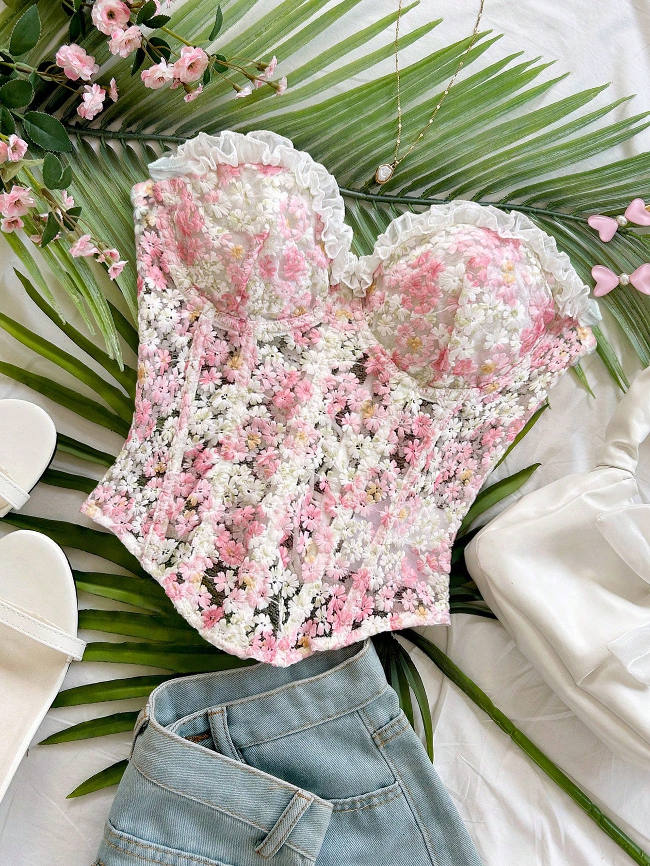 Soleia Cute White And Pink Daisy Embroidered Camisole Top,Summer Holiday Vacation, Textured Print Boho Hippie Western Top For Beach,Party,No Chest Padding