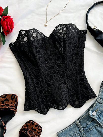 Soleia European & American Style Sexy Avant-Garde Lace Double-Layer Corset Bustier, Fishbone Contoured, Hollow Embroidered Top, Black