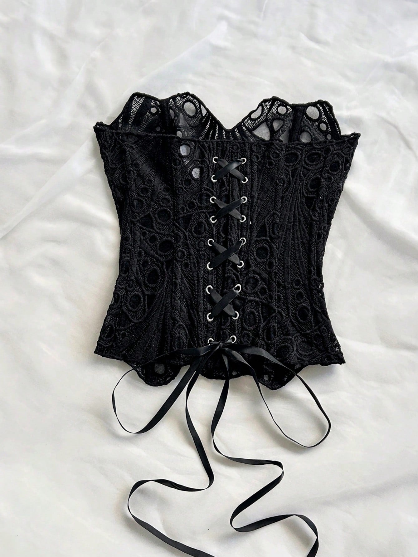 Soleia European & American Style Sexy Avant-Garde Lace Double-Layer Corset Bustier, Fishbone Contoured, Hollow Embroidered Top, Black