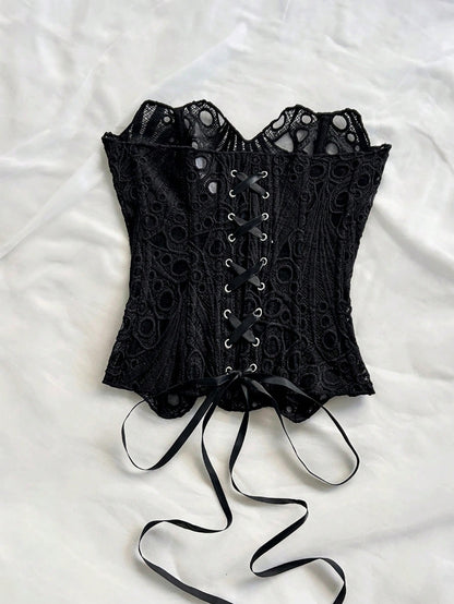 Soleia European & American Style Sexy Avant-Garde Lace Double-Layer Corset Bustier, Fishbone Contoured, Hollow Embroidered Top, Black