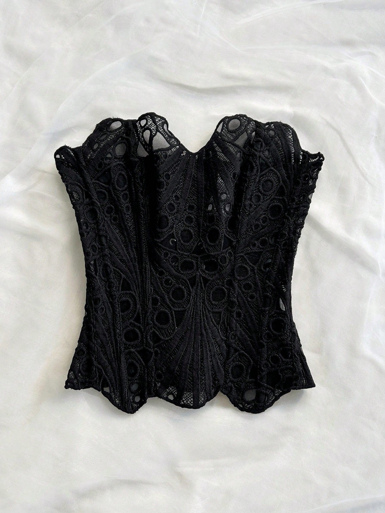 Soleia European & American Style Sexy Avant-Garde Lace Double-Layer Corset Bustier, Fishbone Contoured, Hollow Embroidered Top, Black