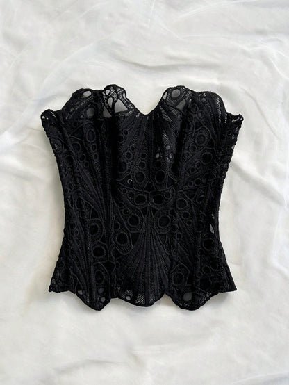 Soleia European & American Style Sexy Avant-Garde Lace Double-Layer Corset Bustier, Fishbone Contoured, Hollow Embroidered Top, Black
