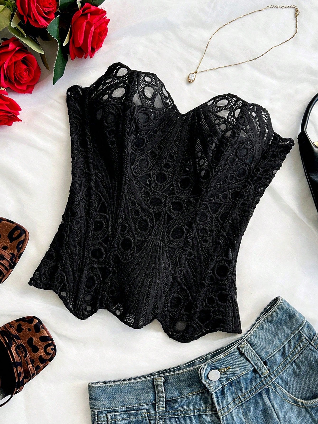 Soleia European & American Style Sexy Avant-Garde Lace Double-Layer Corset Bustier, Fishbone Contoured, Hollow Embroidered Top, Black