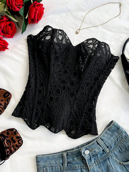 Soleia European & American Style Sexy Avant-Garde Lace Double-Layer Corset Bustier, Fishbone Contoured, Hollow Embroidered Top, Black