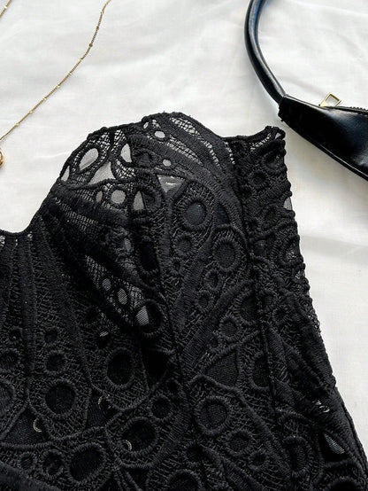 Soleia European & American Style Sexy Avant-Garde Lace Double-Layer Corset Bustier, Fishbone Contoured, Hollow Embroidered Top, Black