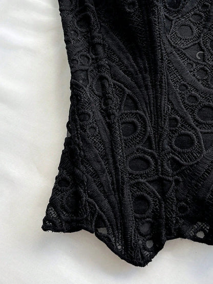 Soleia European & American Style Sexy Avant-Garde Lace Double-Layer Corset Bustier, Fishbone Contoured, Hollow Embroidered Top, Black