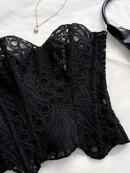 Soleia European & American Style Sexy Avant-Garde Lace Double-Layer Corset Bustier, Fishbone Contoured, Hollow Embroidered Top, Black
