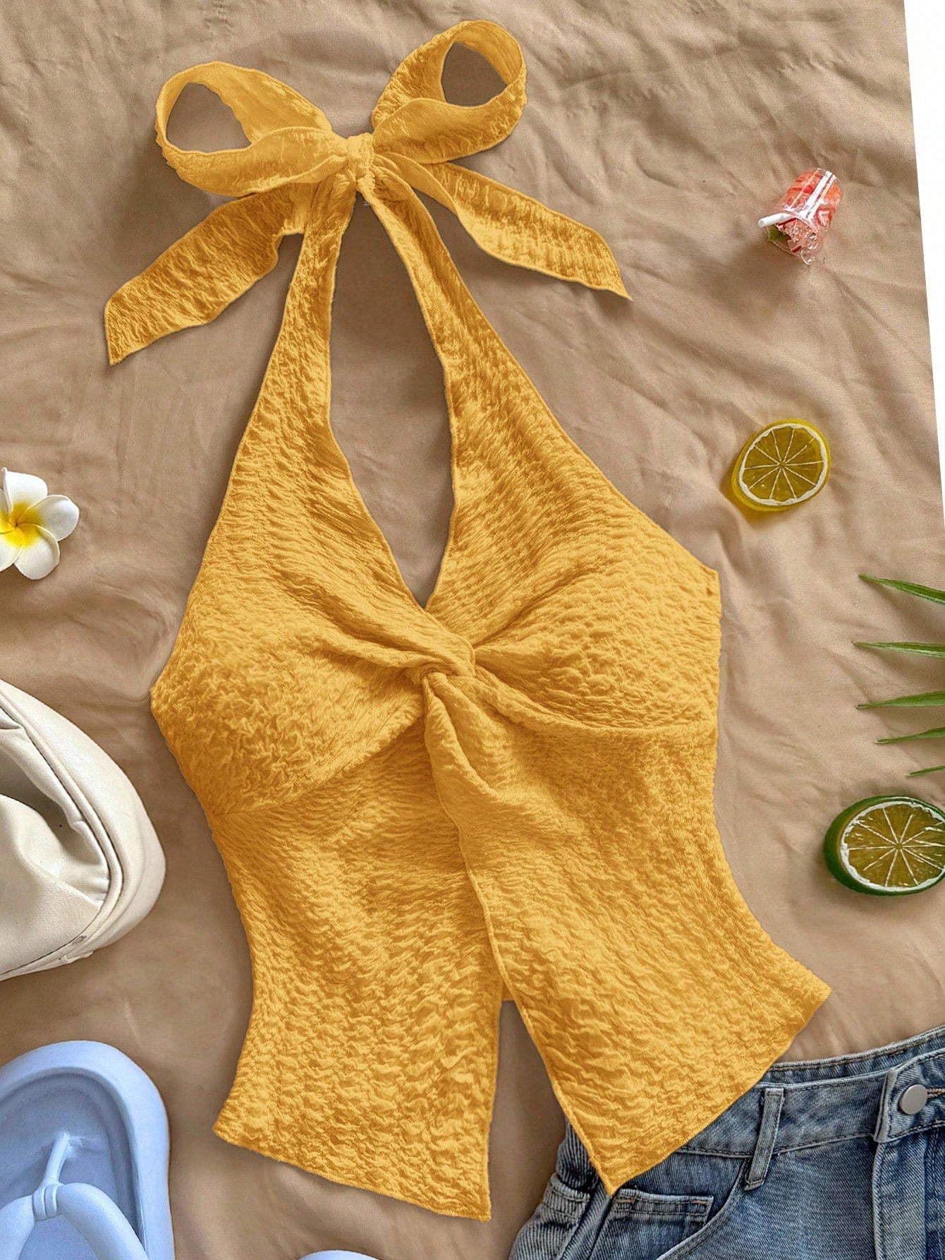 Soleia Fashionable Sexy Twist Hem Slit Open Back Halter Neck Top,Summer Top